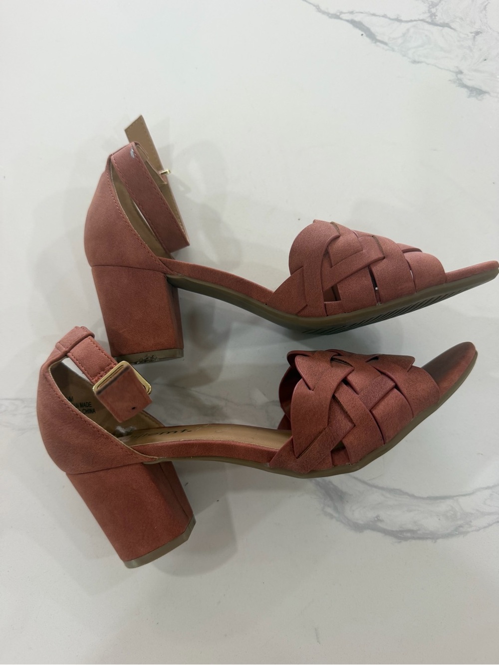 White Mountain Woven Ankle Strap Block Heels, Brown, Size 6.5